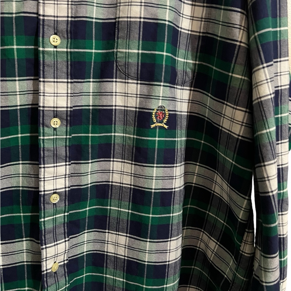 Tommy Hilfiger Men’s Shirt XL Green Blue White Cotton Plaid Long Sleeve - Picture 4 of 6